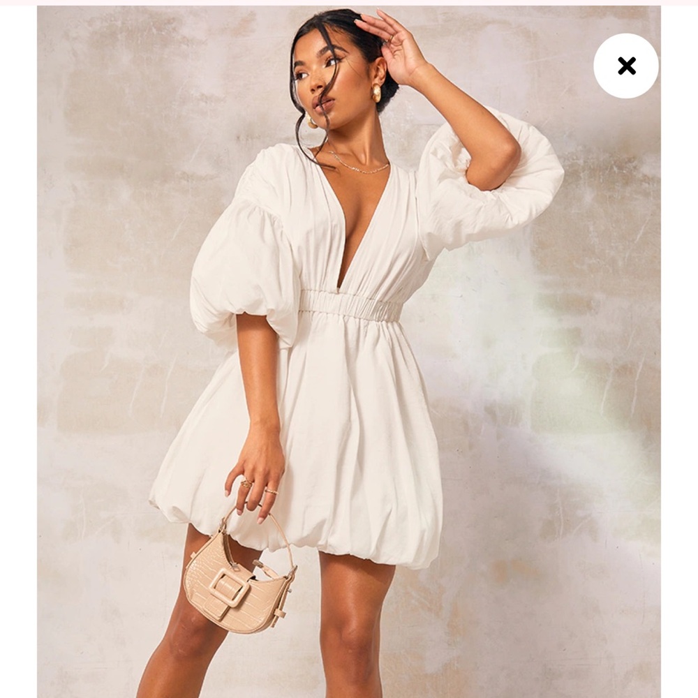 PLT White Puff Sleeve Puffball Hem bubble hem Shift Dress